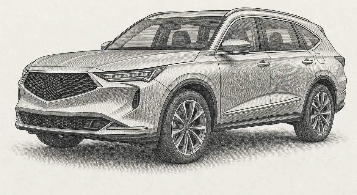 Detailed engraving illustration of an Acura MDX three-row luxury SUV, one of the Acura models serviced at Master Team Automotive in West Melbourne