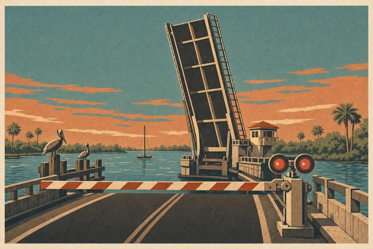 Screenprint postcard of a raised causeway drawbridge at dusk with its striped gate down and red lamps lit over the Indian River Lagoon