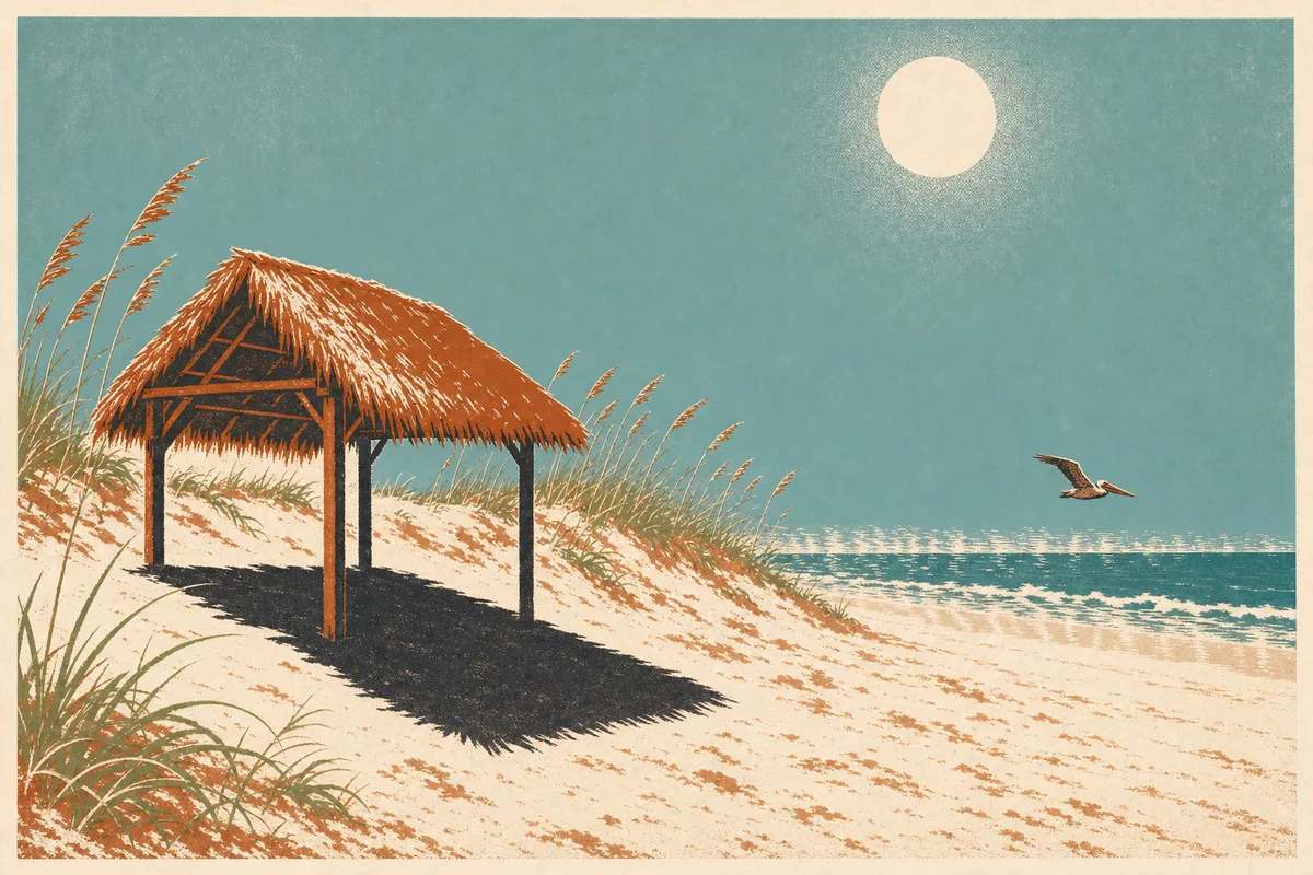 Screenprint postcard of a thatched shade shelter casting one hard shadow on a blazing Space Coast beach at noon