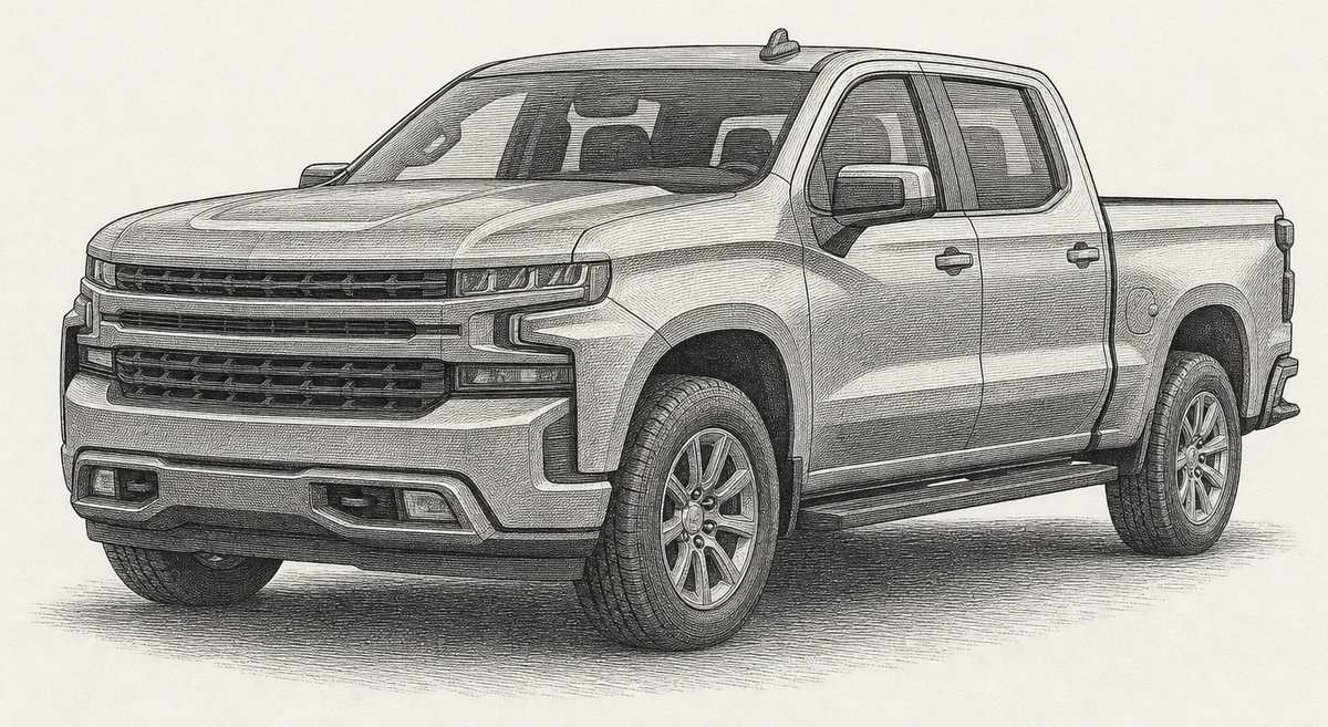 Detailed engraving illustration of a full-size Chevrolet Silverado / GMC Sierra pickup, one of the Chevy and GMC vehicles serviced at Master Team Automotive in West Melbourne