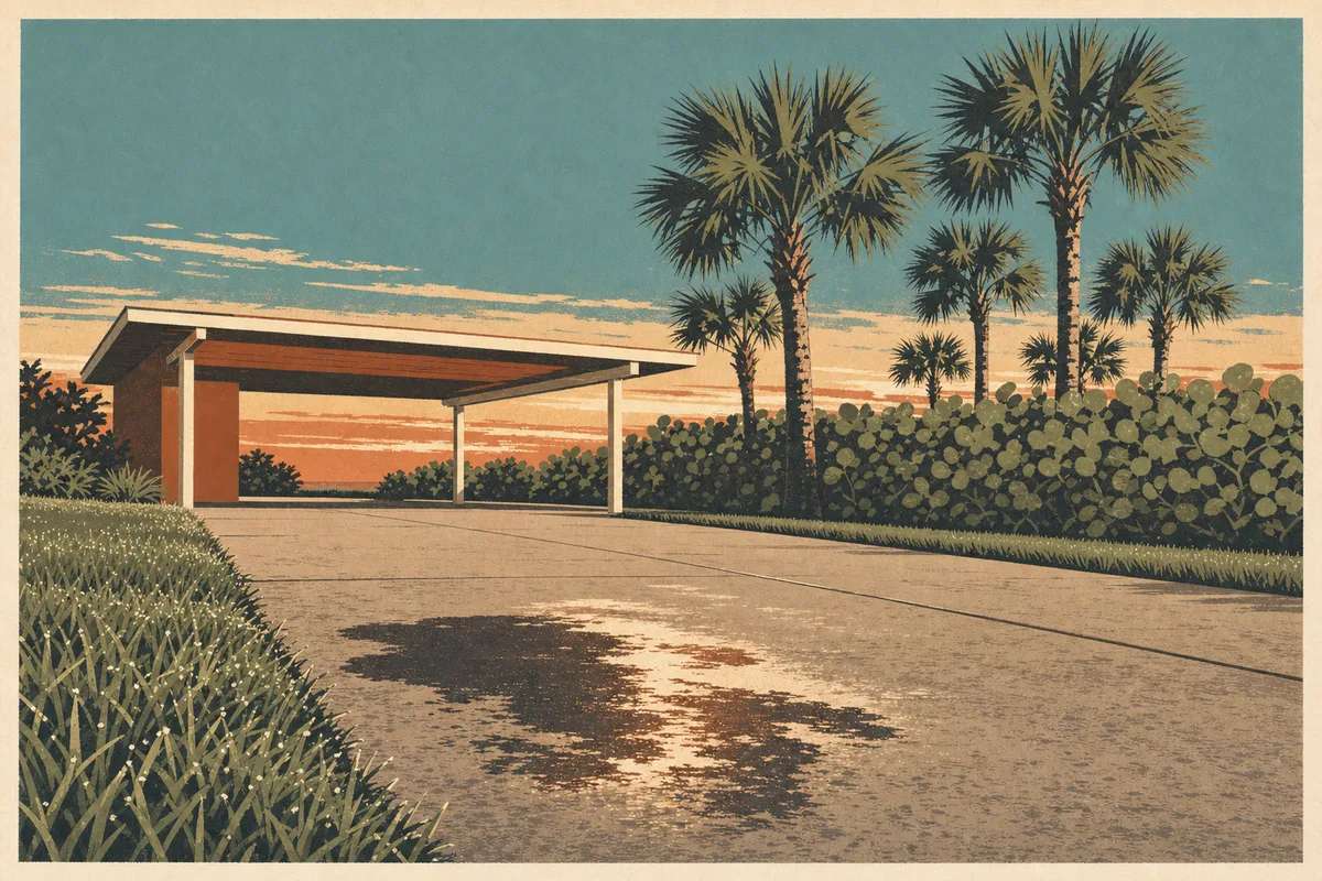 Screenprint postcard of a Space Coast driveway at dawn with a single dark wet stain pooled on the bare concrete
