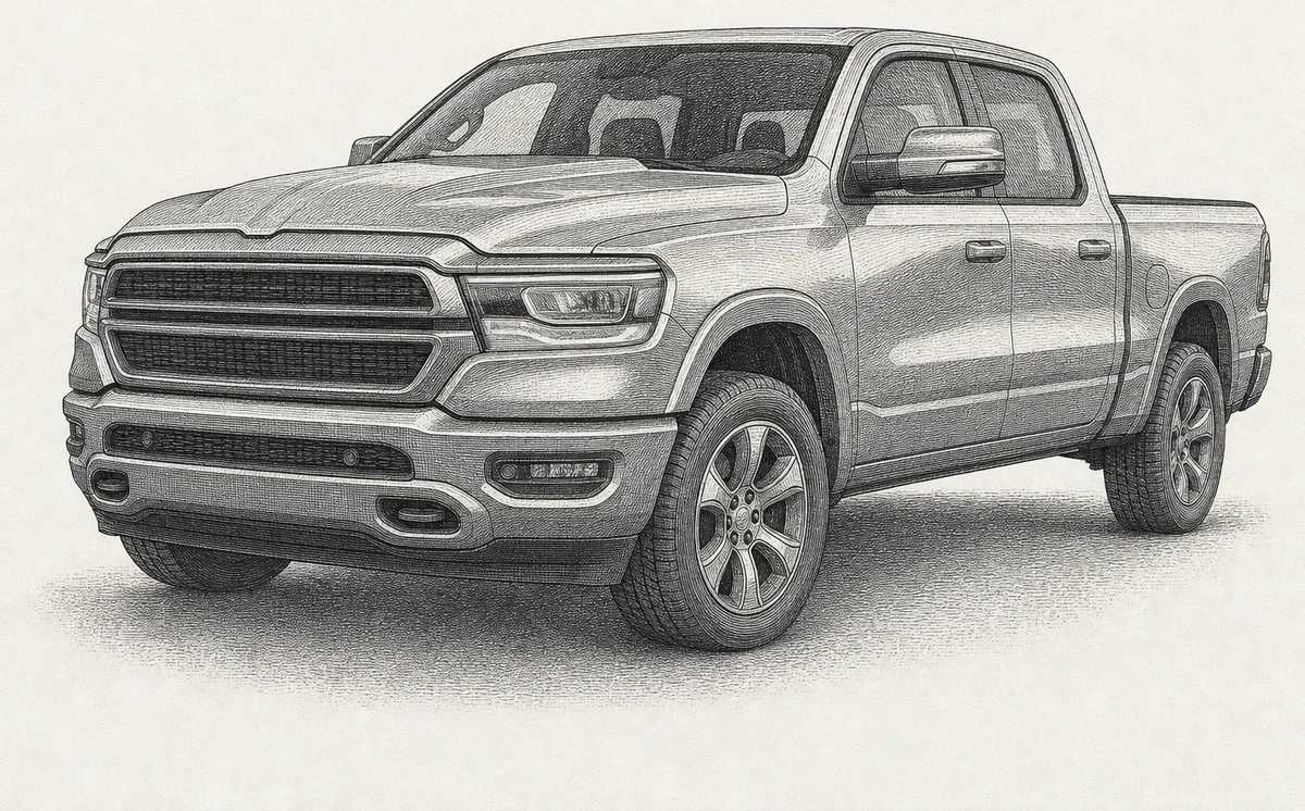 Detailed engraving illustration of a Ram 1500 full-size pickup, one of the Dodge and Ram models serviced at Master Team Automotive in West Melbourne