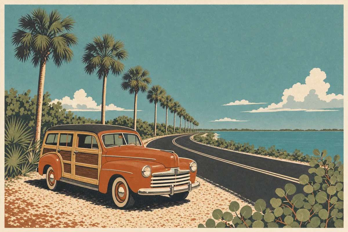 Screenprint postcard of a classic wood-paneled station wagon at a coastal-highway overlook above the Indian River Lagoon — Space Coast