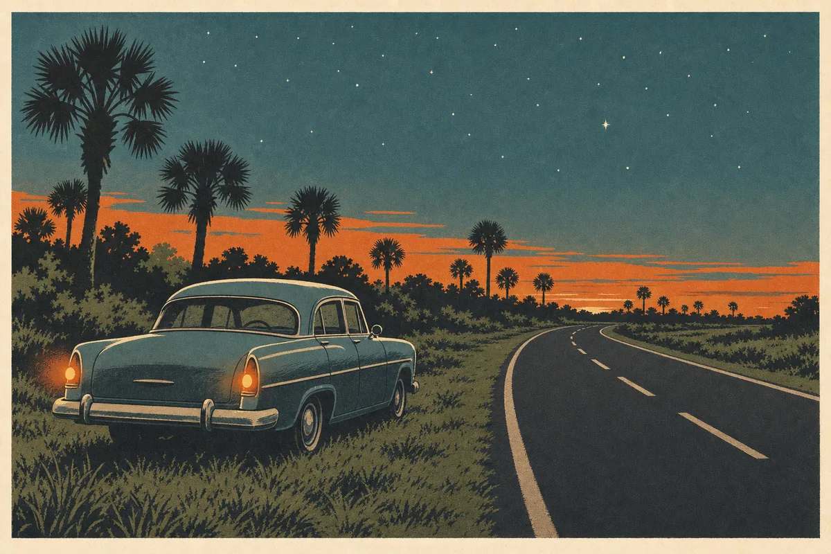 Screenprint postcard of a lone sedan stopped on a Space Coast highway shoulder at dusk with its hazard lamps glowing