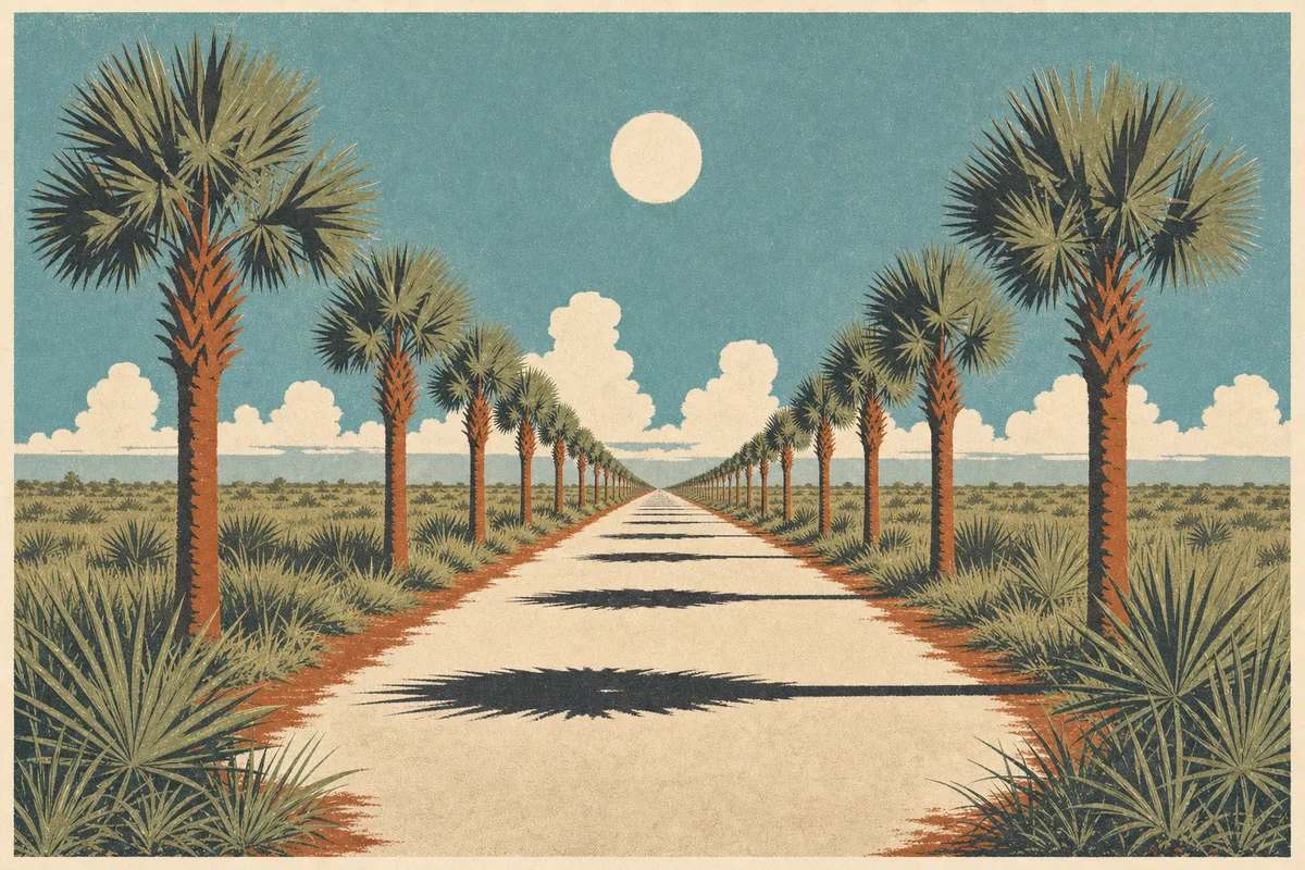 Screenprint postcard of a long straight Space Coast county road with evenly spaced palms receding to the horizon