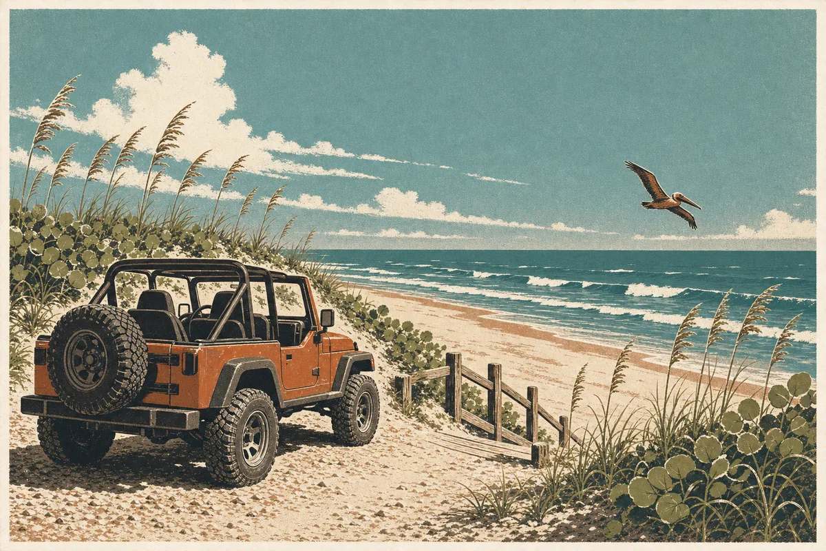 Screenprint postcard of an open-top 4x4 parked on a barrier-island dune above the Atlantic surf — salt air on the Space Coast