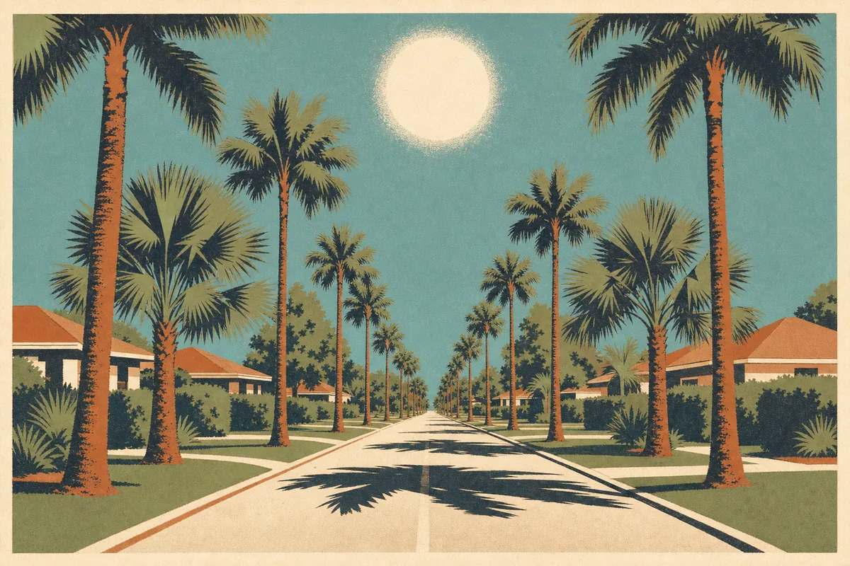 Screenprint postcard of a palm-lined Space Coast street under a blazing midsummer sun