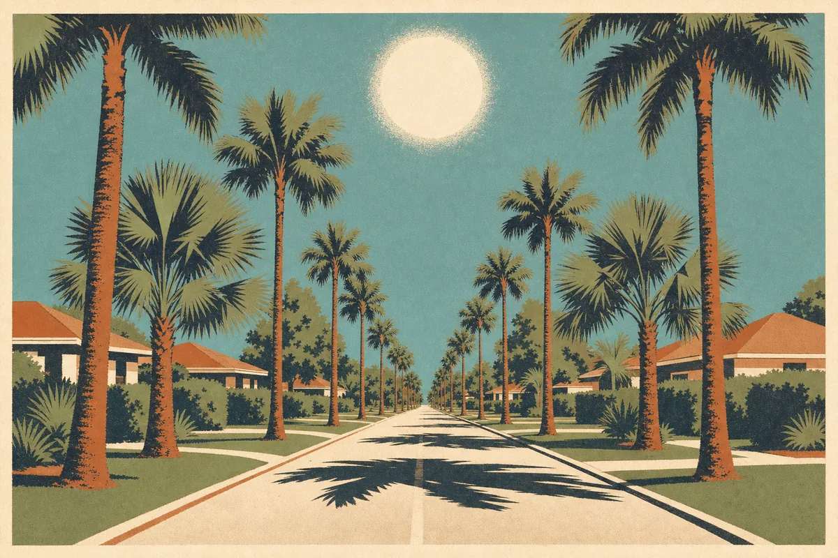 Screenprint postcard of a palm-lined Space Coast street under a blazing midsummer sun