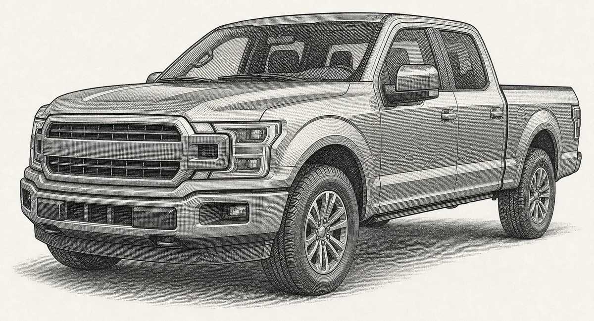 Detailed engraving illustration of a Ford F-150 full-size pickup, one of the Ford models serviced at Master Team Automotive in West Melbourne