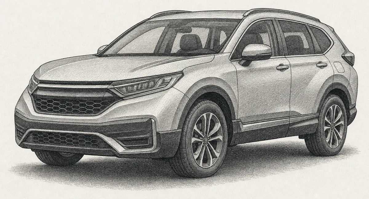 Detailed engraving illustration of a Honda CR-V compact SUV, one of the Honda models serviced at Master Team Automotive in West Melbourne