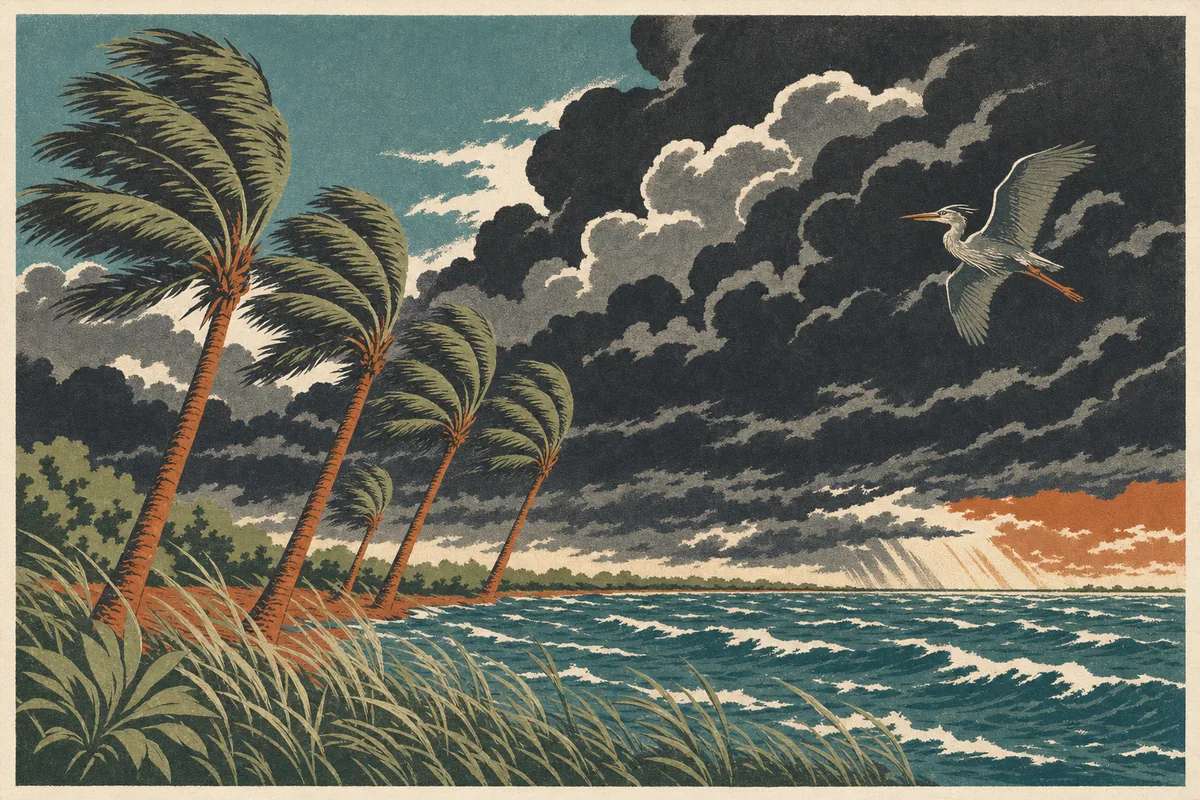 Screenprint postcard of royal palms bending under approaching storm clouds over the Indian River Lagoon
