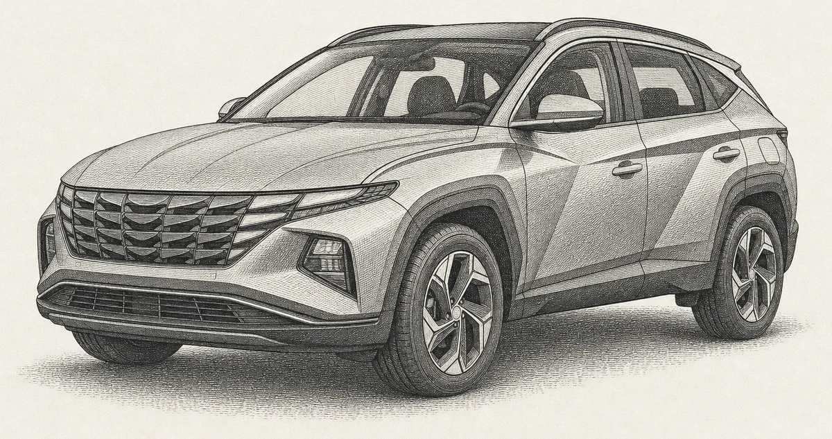 Detailed engraving illustration of a Hyundai Tucson compact SUV, one of the Hyundai models serviced at Master Team Automotive in West Melbourne