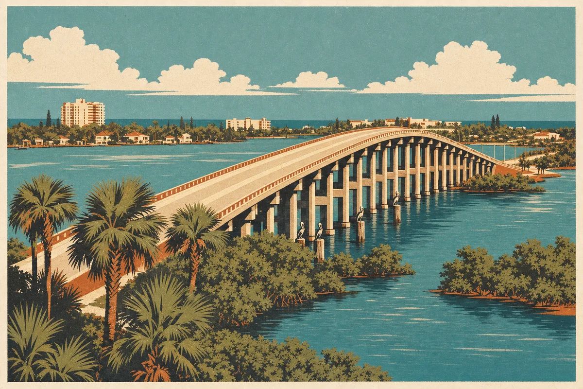 Screenprint postcard of the Melbourne Causeway bridge over the lagoon — Indialantic