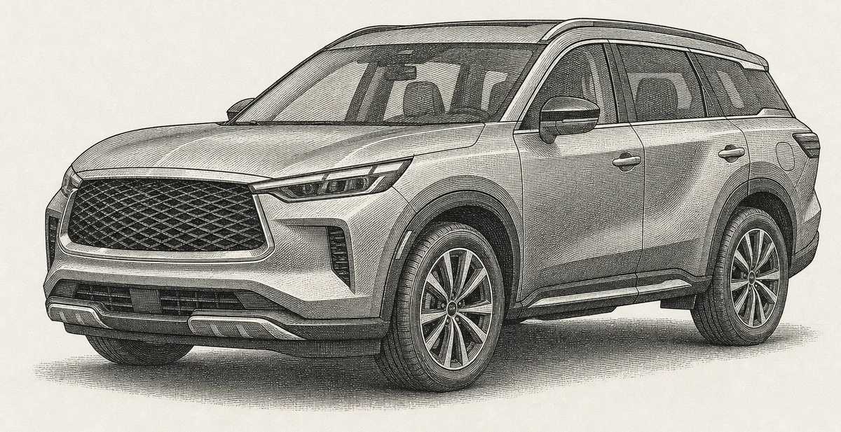 Detailed engraving illustration of an Infiniti QX60 luxury SUV, one of the Infiniti models serviced at Master Team Automotive in West Melbourne