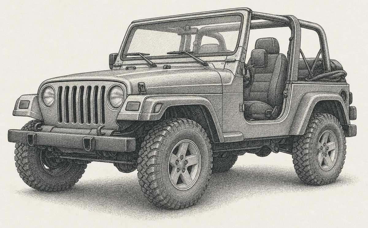 Detailed engraving illustration of a classic Jeep Wrangler, one of the Jeep models serviced at Master Team Automotive in West Melbourne