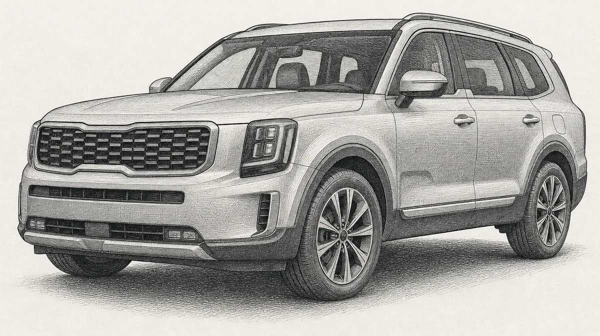 Detailed engraving illustration of a Kia Telluride three-row SUV, one of the Kia models serviced at Master Team Automotive in West Melbourne