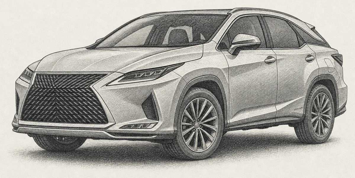 Detailed engraving illustration of a Lexus RX luxury crossover, one of the Lexus models serviced at Master Team Automotive in West Melbourne