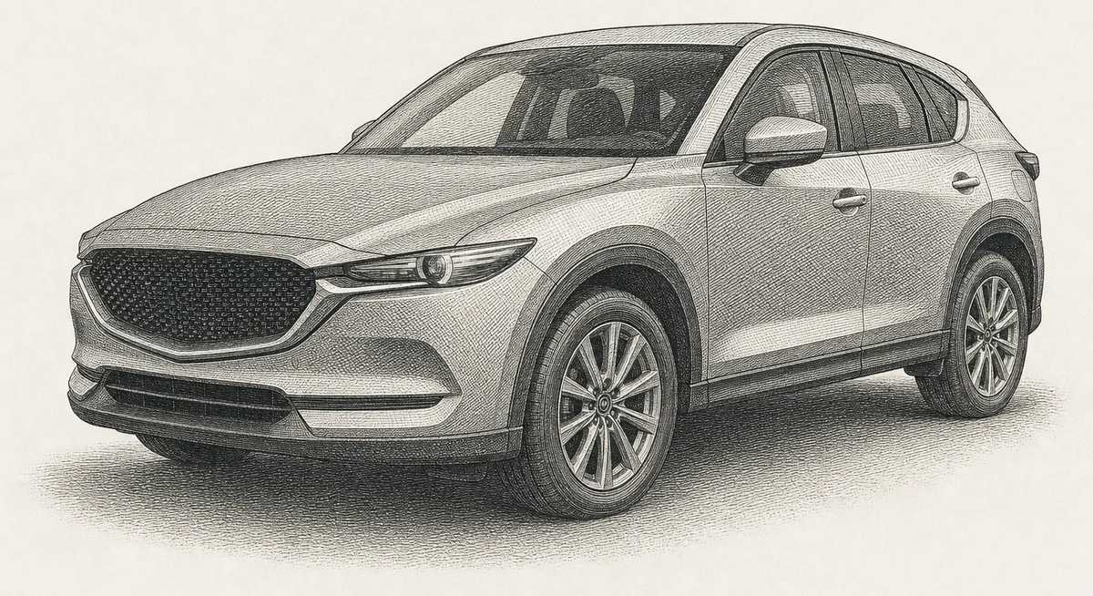 Detailed engraving illustration of a Mazda CX-5 compact crossover, one of the Mazda models serviced at Master Team Automotive in West Melbourne