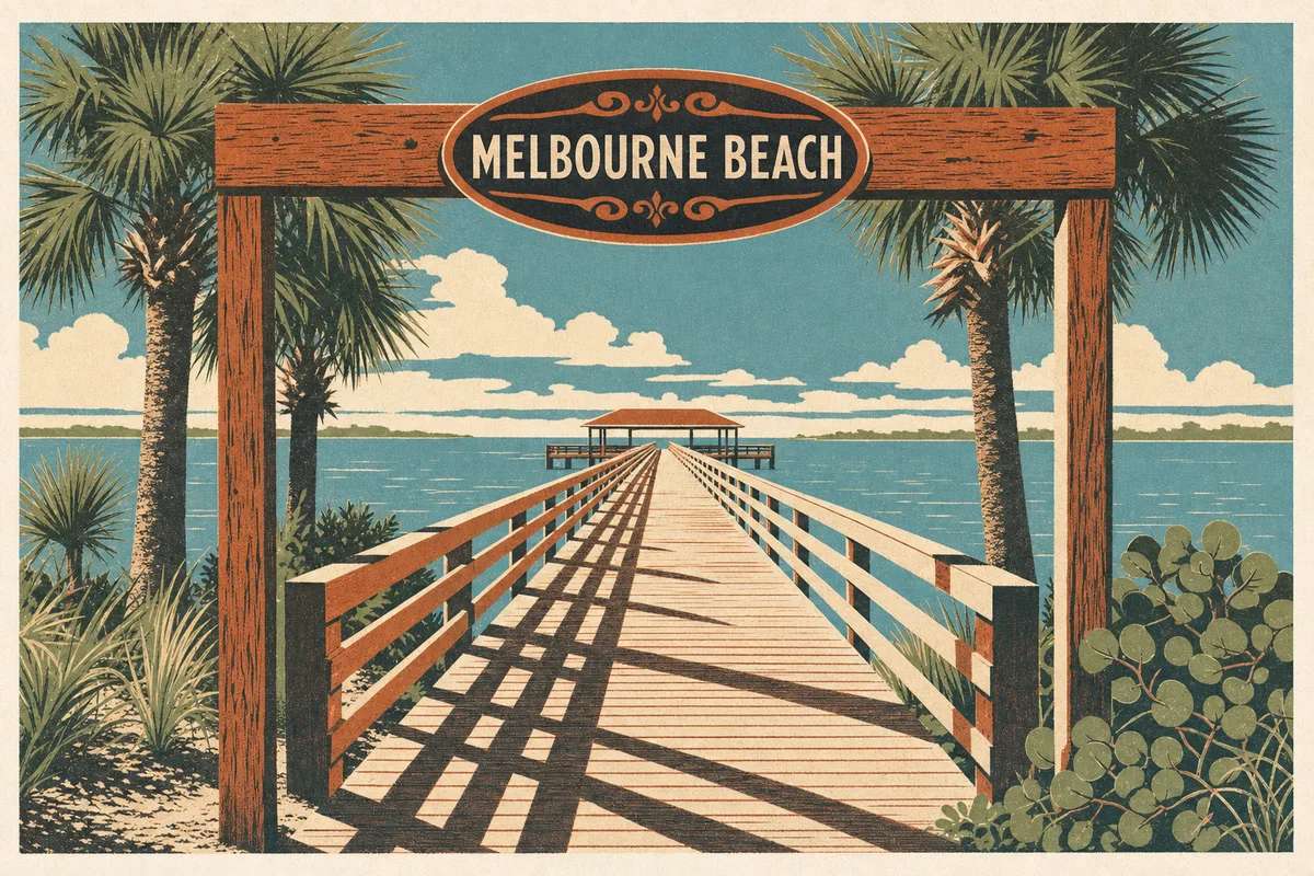 Screenprint postcard of the Melbourne Beach Pier and entrance sign — Melbourne Beach