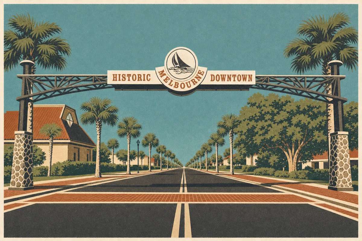Screenprint illustration of the Historic Downtown Melbourne gateway arch