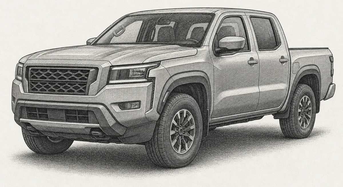 Detailed engraving illustration of a Nissan Frontier mid-size pickup, one of the Nissan models serviced at Master Team Automotive in West Melbourne