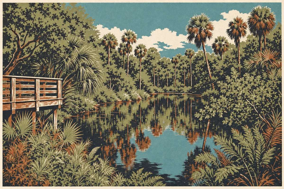 Screenprint postcard of the Turkey Creek Sanctuary boardwalk and creek — Palm Bay
