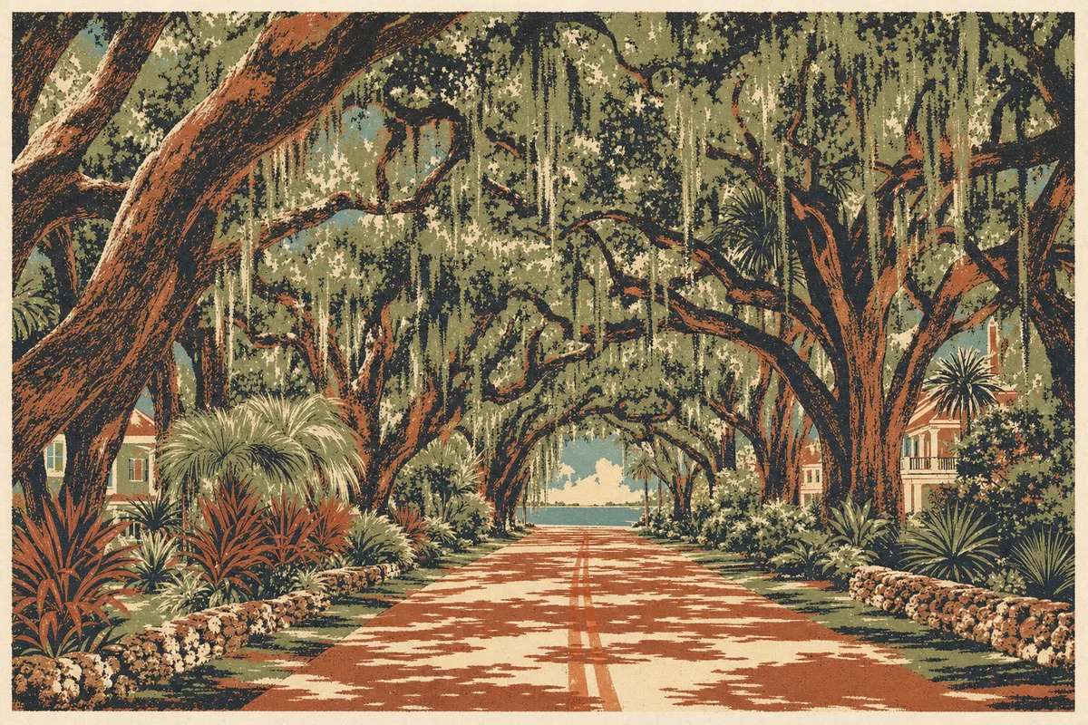 Screenprint postcard of the Historic Rockledge Drive oak canopy — Rockledge