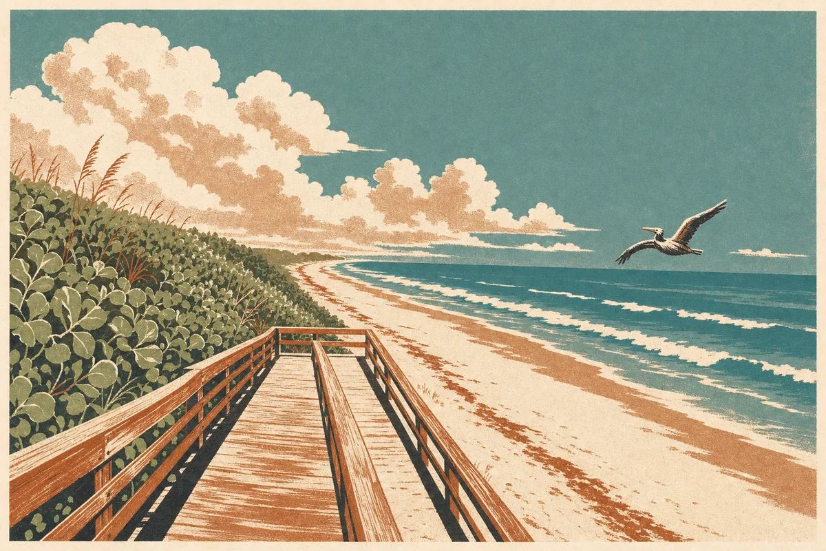 Screenprint postcard of the dune boardwalk and Atlantic shoreline — Satellite Beach