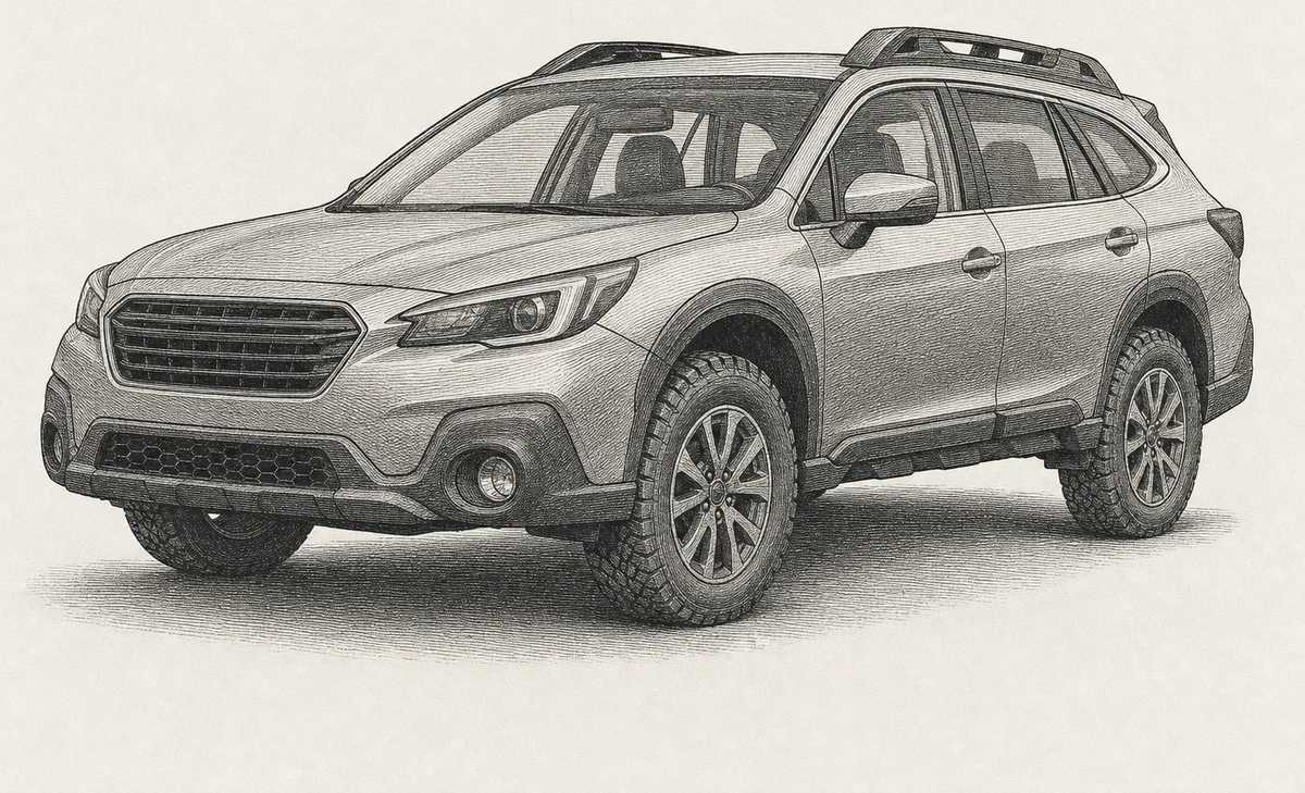 Detailed engraving illustration of a Subaru Outback wagon, one of the Subaru models serviced at Master Team Automotive in West Melbourne