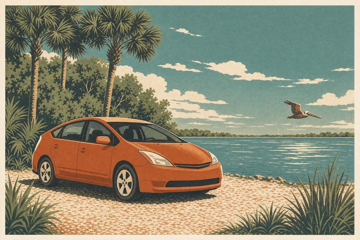 Screenprint postcard of a Prius-style hybrid car parked at a lagoon-side park among cabbage palms — Space Coast