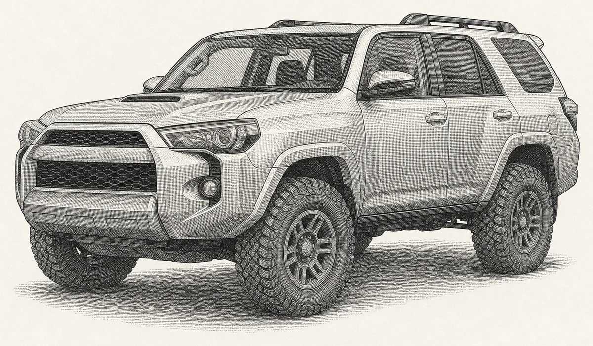 Detailed engraving illustration of a Toyota 4Runner, one of the Toyota models serviced at Master Team Automotive in West Melbourne