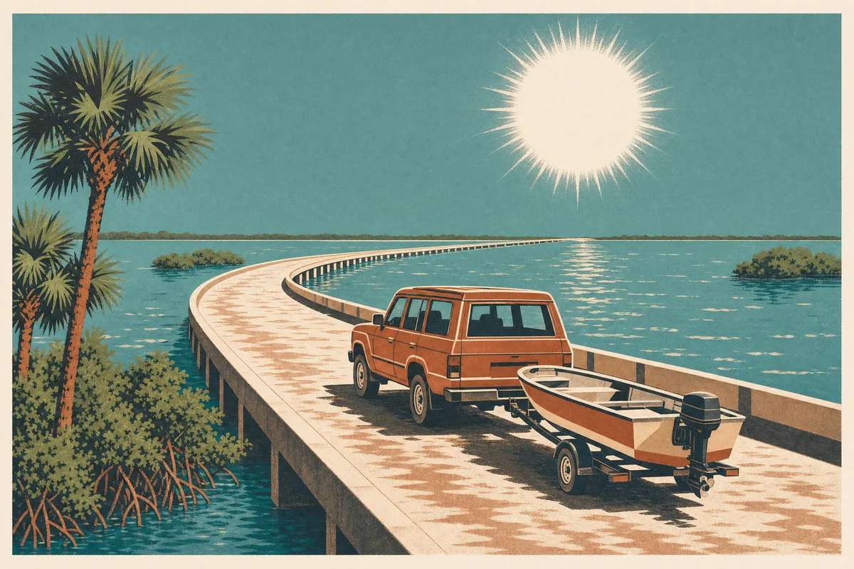 Screenprint postcard of an SUV towing a boat trailer across a lagoon causeway under a blazing summer sun — Space Coast