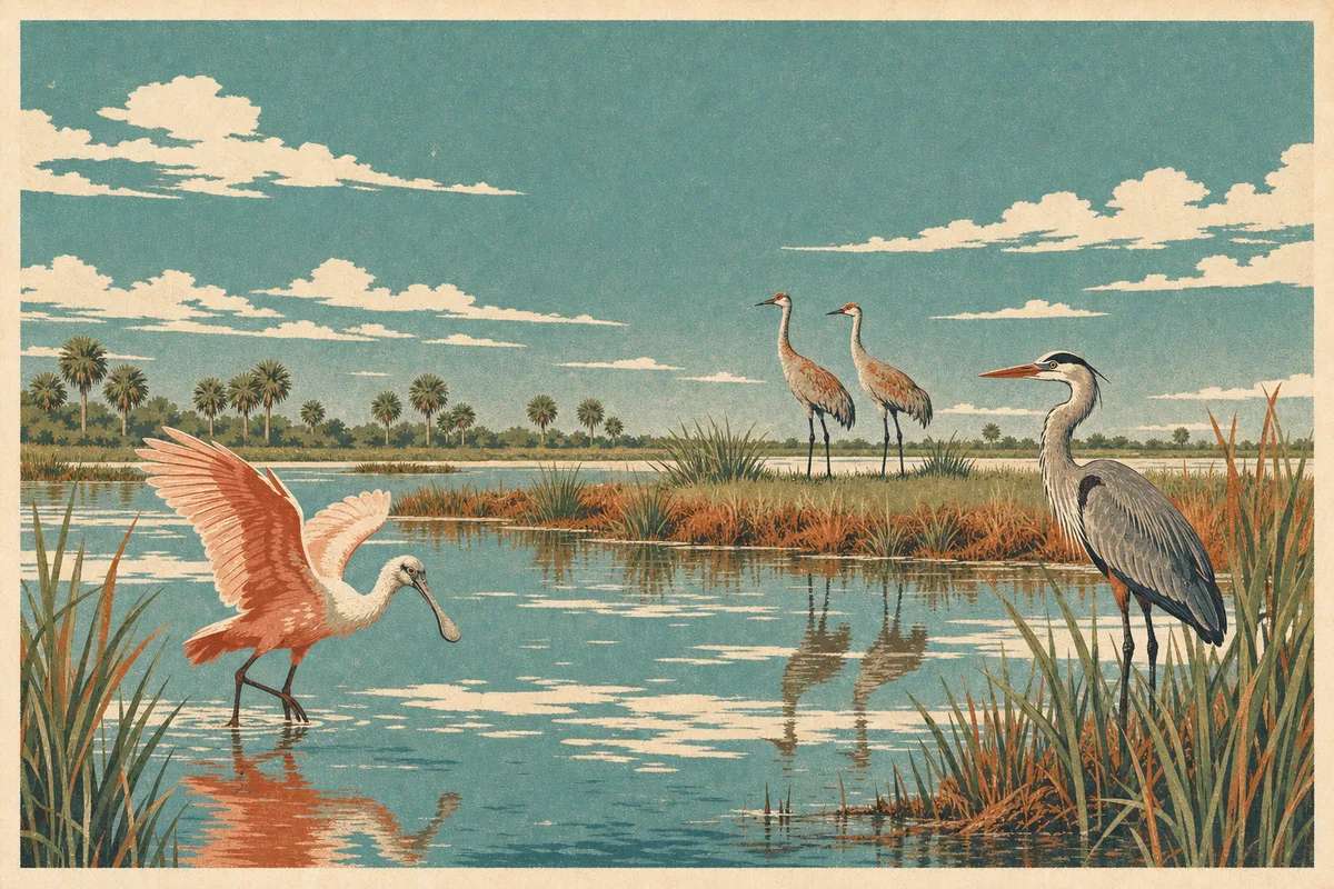 Screenprint postcard of the Viera Wetlands with wading birds — Viera