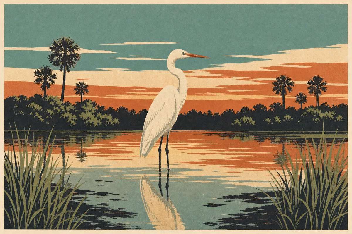 Screenprint postcard of a great egret in the Indian River Lagoon marsh at sunset — West Melbourne