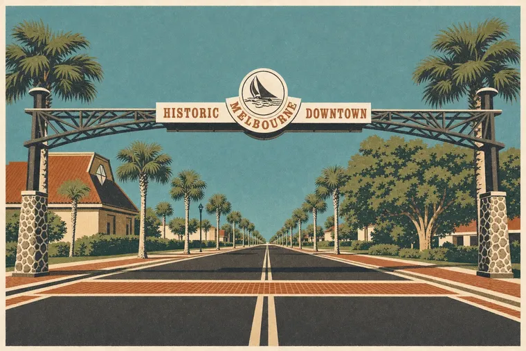 Screenprint illustration of the Historic Downtown Melbourne gateway arch